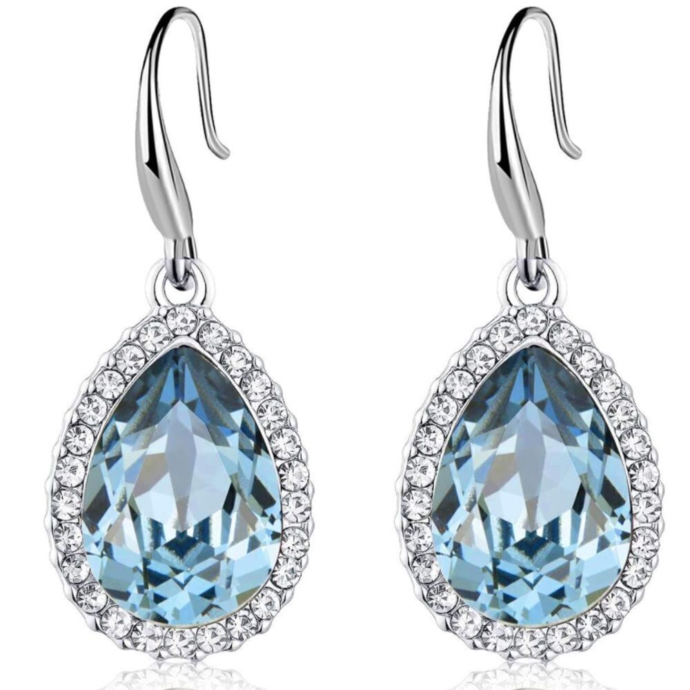 14K White Gold with Sky Blue Topaz Austrian Crystal Teardrop Halo Hook Earrings